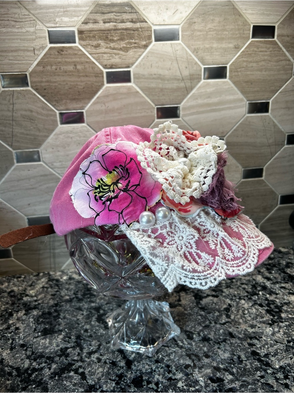 NewHandcrafted Boho Cottagecore Women Pink Lace Floral Baseball Cap OOAK - Picture 4 of 10